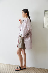 Structured Linen Shirt Dress With Stand Collar and Oversized Utility Pockets for Modern Women