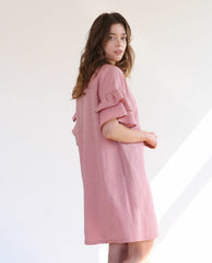 Ruffle Sleeve Linen Shift Dress with Relaxed Silhouette