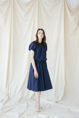 Pleated Linen Midi Dress with Cap Sleeves and Elastic Waist for Effortless Style