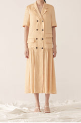 Tailored Double-Breasted Linen Dress with Notch Lapel and Pleated Drop-Waist Silhouette