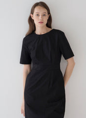 Elegant Short-Sleeve Linen Midi Dress with Back Cut-Out and Button Detail for Women
