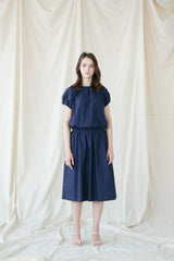Pleated Linen Midi Dress with Cap Sleeves and Elastic Waist for Effortless Style