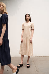 Elegant Short Sleeve Linen Midi Dress with Gathered Skirt and Scoop Back Design