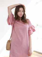 Ruffle Sleeve Linen Shift Dress with Relaxed Silhouette