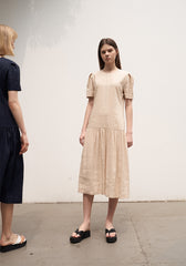 Elegant Short Sleeve Linen Midi Dress with Gathered Skirt and Scoop Back Design