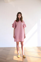 Ruffle Sleeve Linen Shift Dress with Relaxed Silhouette