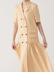 Tailored Double-Breasted Linen Dress with Notch Lapel and Pleated Drop-Waist Silhouette