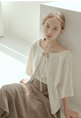 Relaxed Fit Linen Blouse with Back Tie Detail and Soft Drape Silhouette
