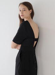 Elegant Short-Sleeve Linen Midi Dress with Back Cut-Out and Button Detail for Women