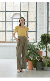 Textured Linen Blouse with Puff Sleeves and Square Neck – Elegant Summer Linen Top