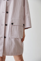 Structured Linen Shirt Dress With Stand Collar and Oversized Utility Pockets for Modern Women