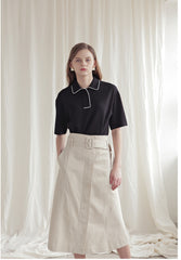 Short Sleeve Linen Blouse with Contrast Piping and Structured Collar for Modern Elegance