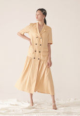 Tailored Double-Breasted Linen Dress with Notch Lapel and Pleated Drop-Waist Silhouette