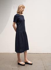Elegant Short Sleeve Linen Midi Dress with Gathered Skirt and Scoop Back Design
