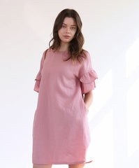 Ruffle Sleeve Linen Shift Dress with Relaxed Silhouette