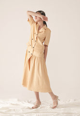 Tailored Double-Breasted Linen Dress with Notch Lapel and Pleated Drop-Waist Silhouette