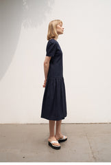 Elegant Short Sleeve Linen Midi Dress with Gathered Skirt and Scoop Back Design