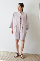 Structured Linen Shirt Dress With Stand Collar and Oversized Utility Pockets for Modern Women