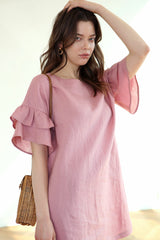 Ruffle Sleeve Linen Shift Dress with Relaxed Silhouette