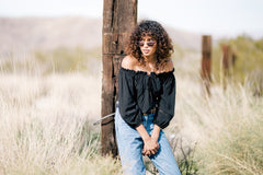 Linen Off-Shoulder Blouse with Drawstring Front and Cropped Hem