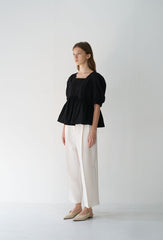 Linen Peplum Blouse with Puff Sleeves and Square Neckline for Elegant Modern Styling
