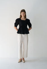 Linen Peplum Blouse with Puff Sleeves and Square Neckline for Elegant Modern Styling