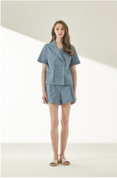 Short-Sleeve Double-Breasted Linen Blazer With Notched Lapels And Tailored Waist Fit