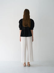 Linen Peplum Blouse with Puff Sleeves and Square Neckline for Elegant Modern Styling