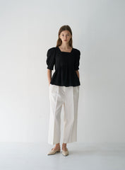 Linen Peplum Blouse with Puff Sleeves and Square Neckline for Elegant Modern Styling