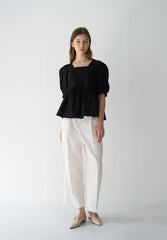 Linen Peplum Blouse with Puff Sleeves and Square Neckline for Elegant Modern Styling