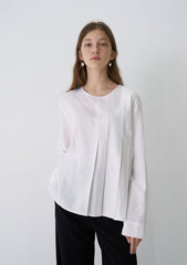 Long Sleeve Linen Blouse with Front Pleats and Relaxed Fit for Elegant Minimalist Styling