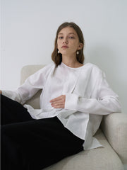 Long Sleeve Linen Blouse with Front Pleats and Relaxed Fit for Elegant Minimalist Styling