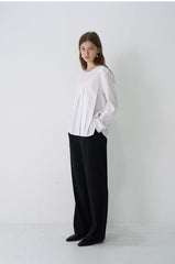 Long Sleeve Linen Blouse with Front Pleats and Relaxed Fit for Elegant Minimalist Styling