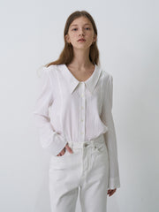 Linen Button-Up Blouse with Oversized Point Collar and Long Sleeves for Refined Styling