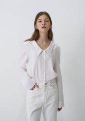Linen Button-Up Blouse with Oversized Point Collar and Long Sleeves for Refined Styling