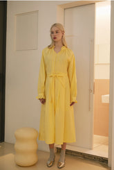 Long-Sleeve Linen Midi Dress With Ruffled Cuffs, Gathered Neckline And Waist Tie Detail