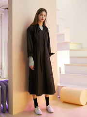 Linen Midi Dress With Drawstring Neckline And Ruffled Cuffs