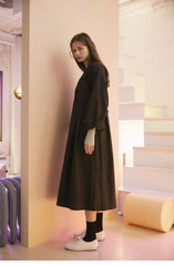 Linen Midi Dress With Drawstring Neckline And Ruffled Cuffs