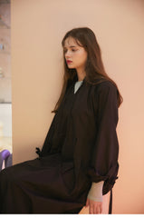 Linen Midi Dress With Drawstring Neckline And Ruffled Cuffs