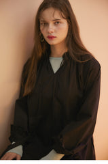 Linen Midi Dress With Drawstring Neckline And Ruffled Cuffs