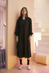 Linen Midi Dress With Drawstring Neckline And Ruffled Cuffs