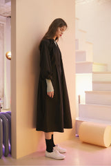 Linen Midi Dress With Drawstring Neckline And Ruffled Cuffs