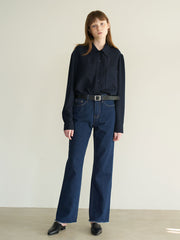 High-Rise Straight Leg Denim Pants in Pure Cotton for Women with Raw Edge Hem Detail