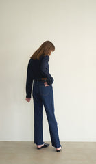 High-Rise Straight Leg Denim Pants in Pure Cotton for Women with Raw Edge Hem Detail