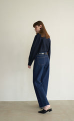 High-Rise Straight Leg Denim Pants in Pure Cotton for Women with Raw Edge Hem Detail