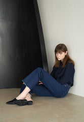 High-Rise Straight Leg Denim Pants in Pure Cotton for Women with Raw Edge Hem Detail