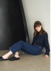 High-Rise Straight Leg Denim Pants in Pure Cotton for Women with Raw Edge Hem Detail