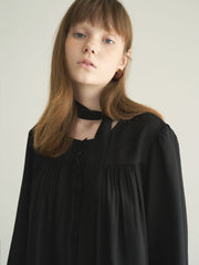 Long Sleeve Linen Blouse with Tie Neck and Relaxed Fit for Effortless Styling