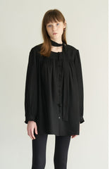Long Sleeve Linen Blouse with Tie Neck and Relaxed Fit for Effortless Styling