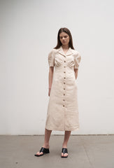 Tailored Linen Midi Dress with Button Front, Puff Sleeves, and Notched Lapel Collar